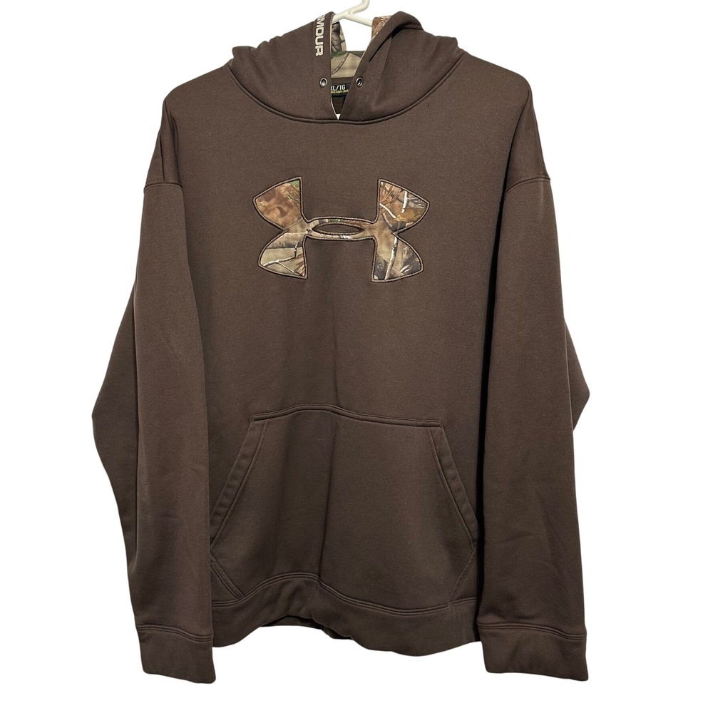 Under Armour Hoodie Mens Brown Realtree Camo Logo Fleece Pullover XL Loose Fit